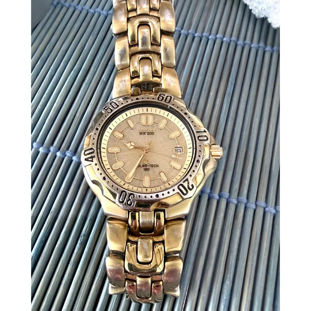 Citizen Eco-Drive Solar-Tech 180 Gold Tone WR200 Watch Working New Cell
